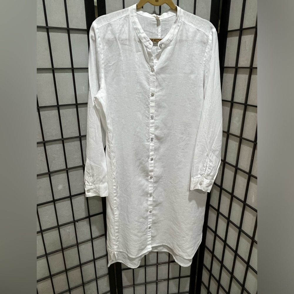 EILEEN FISHER White 100% Organic Linen SHIRT DRESS- Soft Lightweight Fabric SZ L - Picture 3 of 9